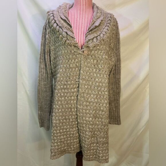 Tan Boho Cardigan Sweater Knit Braided Fur Cottagecore Fairycore Whimsy Sioni - Picture 1 of 8